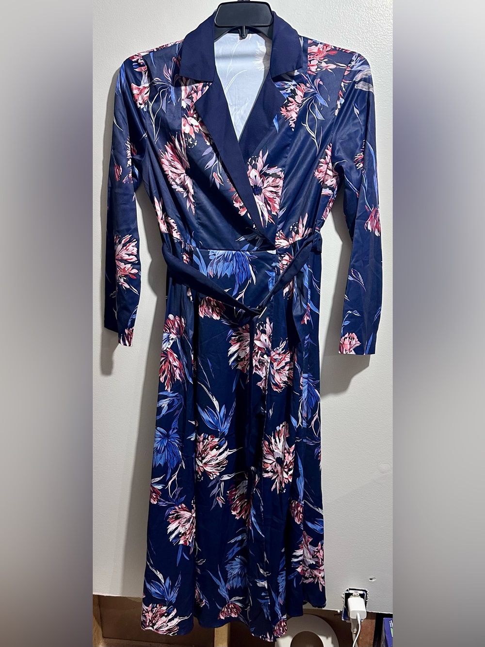 Navy Floral Wrap Midi Dress with Pink & Blue Blooms Size S (1250)